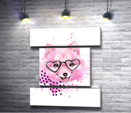 Розовый пушистый пес в очках и с бантом