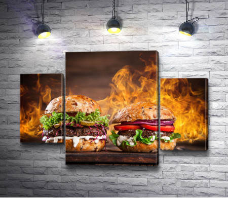 Два бургера на фоне огня