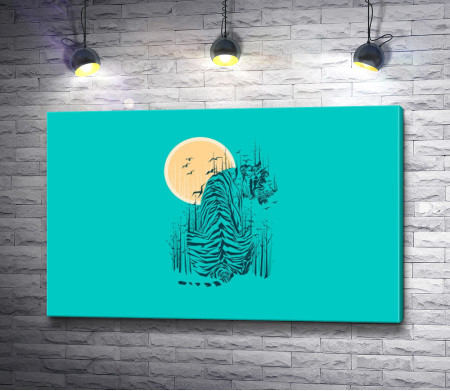 Тигр на фоне луны с птицами