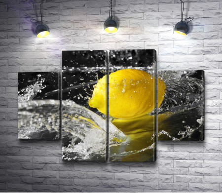 Желтый лимон падает в воду