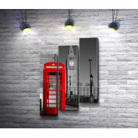 Красная телефонная будка на фоне Биг-Бена в черно-белой гамме, Лондон
