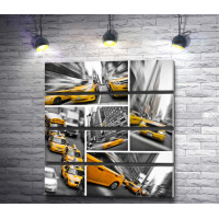 Коллаж из черно-белых фото с желтыми машинами 
