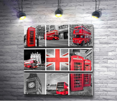 Фотоколлаж достопримечательностей Лондона в черно-белой гамме с цветными вкраплениями