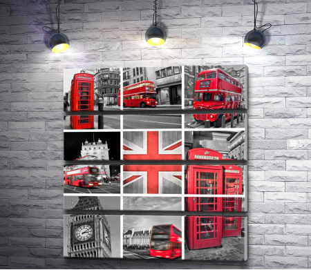Фотоколлаж достопримечательностей Лондона в черно-белой гамме с цветными вкраплениями