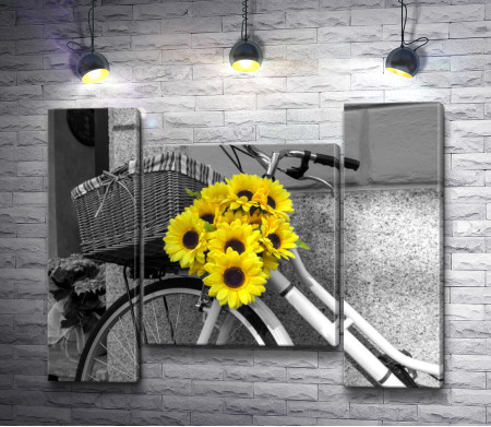 Ретро велосипед с желтыми подсолнухами, фото в черно-белой гамме