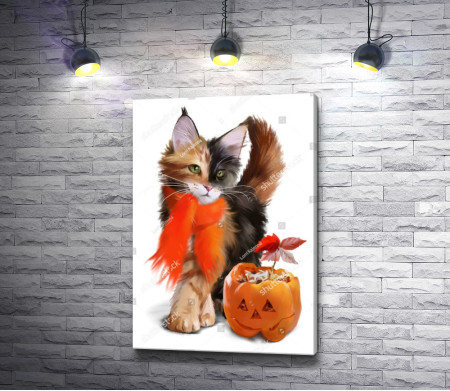 Котенок с тыквой на Хэллоуин