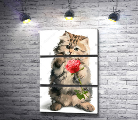 Пушистый котенок с розой