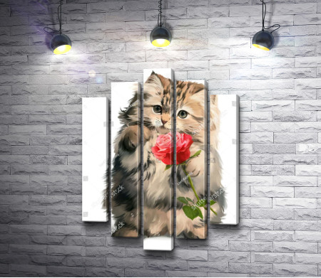 Пушистый котенок с розой