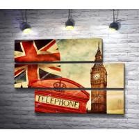 Английский флаг и телефонна будка на фоне Биг-бена, Лондон