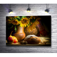 Осенний натюрморт с фруктами, подсолнухами и хлебом