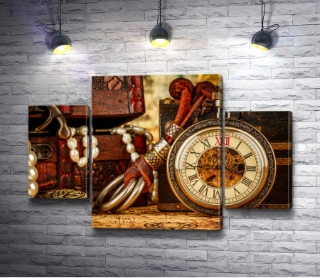 Винтажный натюрморт с часами и шкатулками украшений 