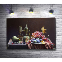 Французский натюрморт с виноградом, инжиром и медной посудой 