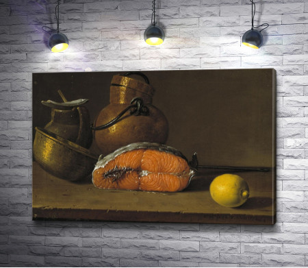 Луис Мелендес "Still life with a piece of salmon, lemon and three vessels" (Натюрморт с куском лосося, лимоном и тремя сосудами)