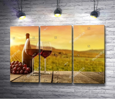 Вино в бокалах во время заката на фоне гор 