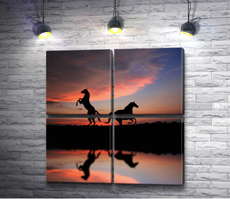 Силуэт двух лошадей у озера во время заката 