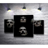 Арт-портрет группы Queen со слоганами на лицах,  черно-белая иллюстрация 