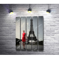 Девушка в красном на фоне Эйфелевой башни, Париж