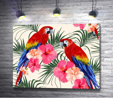 Два попугая Ара на пальмовой ветке в цветах 