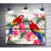 Два попугая Ара на пальмовой ветке в цветах 