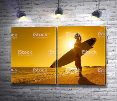 Девушка серфингиста на фоне заката