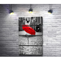 Красный зонт на черно-белой улице 