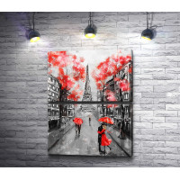 Парижская улочка с видом на Эйфелеву башню в красных и черных тонах