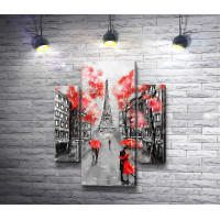 Парижская улочка с видом на Эйфелеву башню в красных и черных тонах