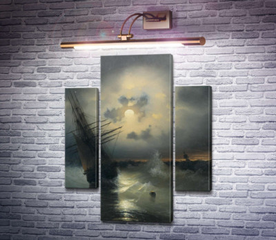 Вітрильний корабель на заході в бурхливому морі