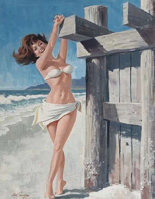 Брюнетка в білому бікіні на пляжі