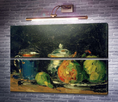Сахарница, груши и синяя чашка