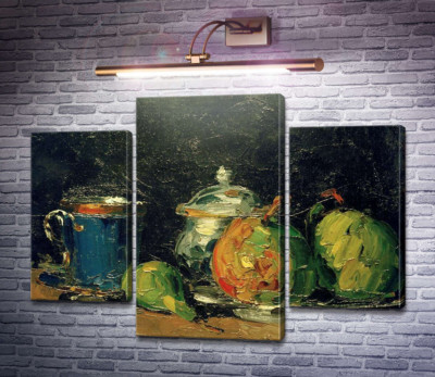 Сахарница, груши и синяя чашка