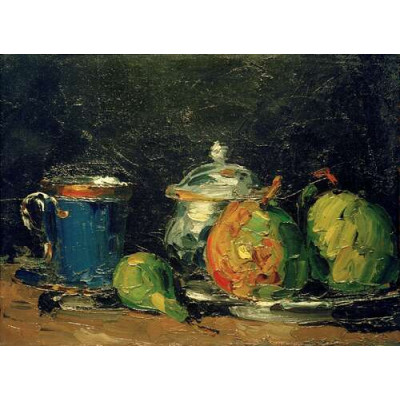 Сахарница, груши и синяя чашка