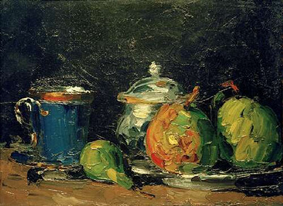 Сахарница, груши и синяя чашка