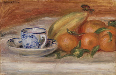 Апельсины, бананы и чайная чашка