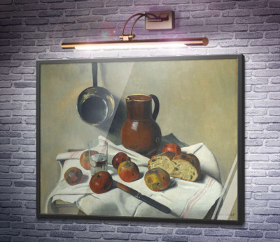 Яблука, глечик, склянка води та хліб