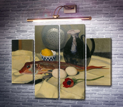 Натюрморт с рыбой, яйцами, маком и ножом