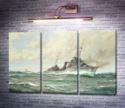 Эсминец трайбл-класса HMS Eskimo в погоне, орудия пылают