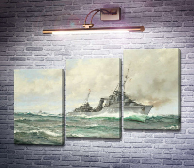 Эсминец трайбл-класса HMS Eskimo в погоне, орудия пылают
