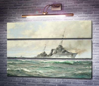 Есмінець трайбл-класу HMS Eskimo в гонитві, гармати палають