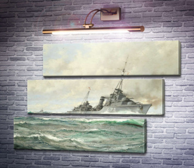 Эсминец трайбл-класса HMS Eskimo в погоне, орудия пылают