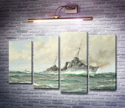 Эсминец трайбл-класса HMS Eskimo в погоне, орудия пылают