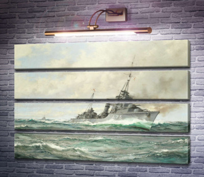 Эсминец трайбл-класса HMS Eskimo в погоне, орудия пылают
