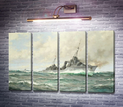 Эсминец трайбл-класса HMS Eskimo в погоне, орудия пылают
