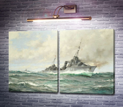 Есмінець трайбл-класу HMS Eskimo в гонитві, гармати палають