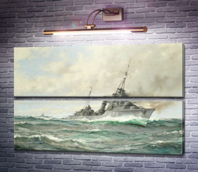 Эсминец трайбл-класса HMS Eskimo в погоне, орудия пылают