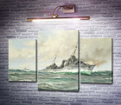 Эсминец трайбл-класса HMS Eskimo в погоне, орудия пылают