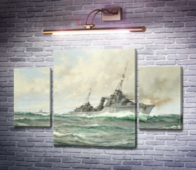 Есмінець трайбл-класу HMS Eskimo в гонитві, гармати палають