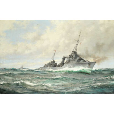 Есмінець трайбл-класу HMS Eskimo в гонитві, гармати палають