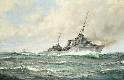 Эсминец трайбл-класса HMS Eskimo в погоне, орудия пылают