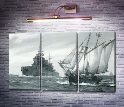 Линкор H.M.S. Король Георг V ремонтирует греческую торговую шхуну в море